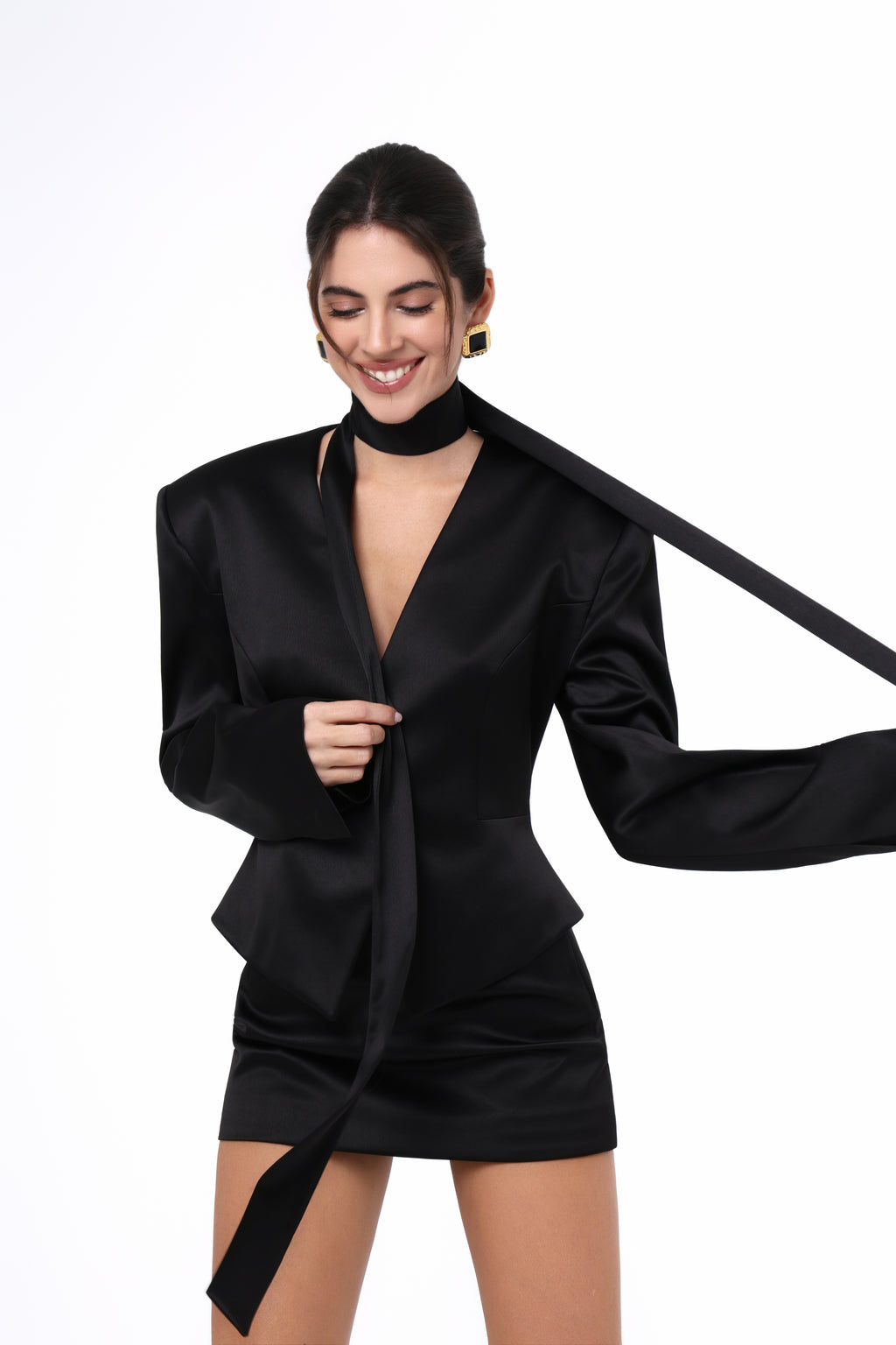 BLACK SATIN BLAZER WITH SCARF