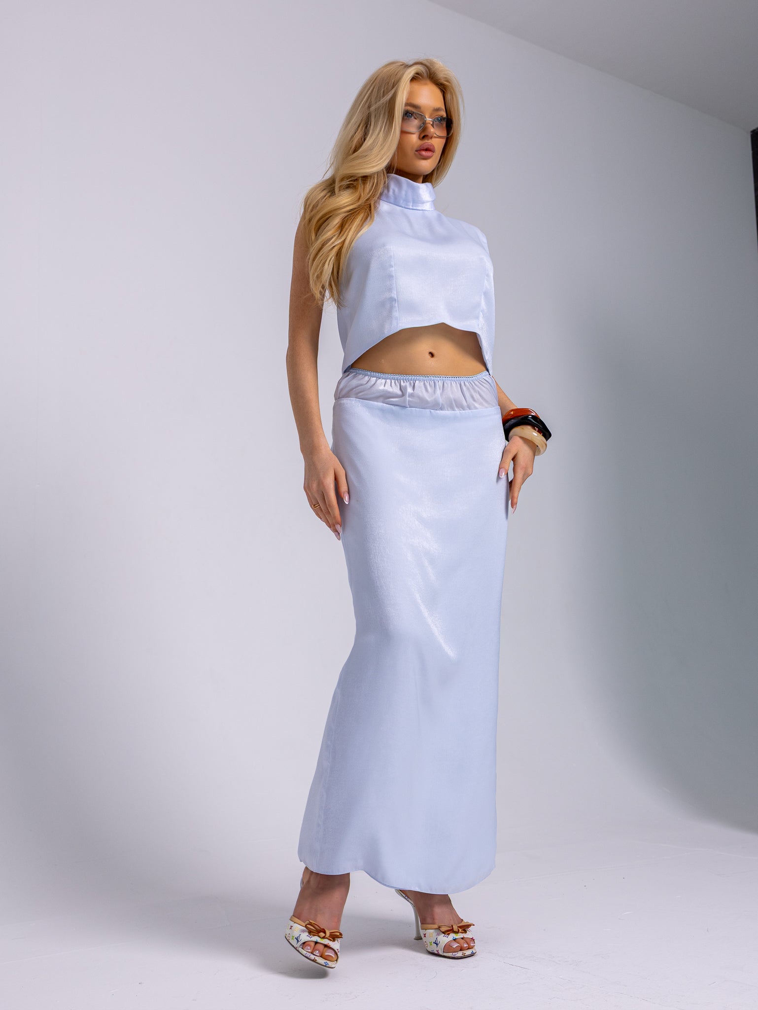 BLUE SATIN MAXI SKIRT